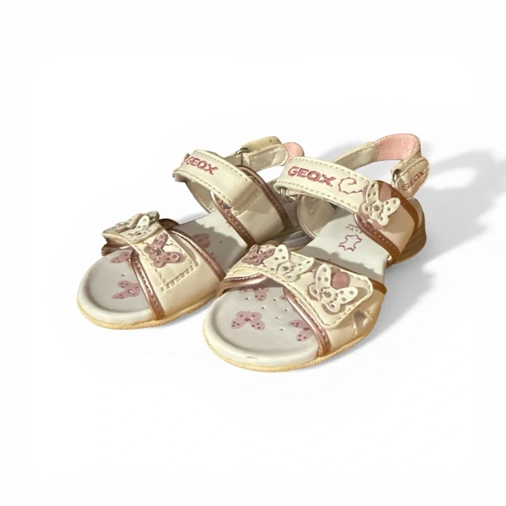 Geox Girls Pearlized Leather Sandals in Cream and Pink